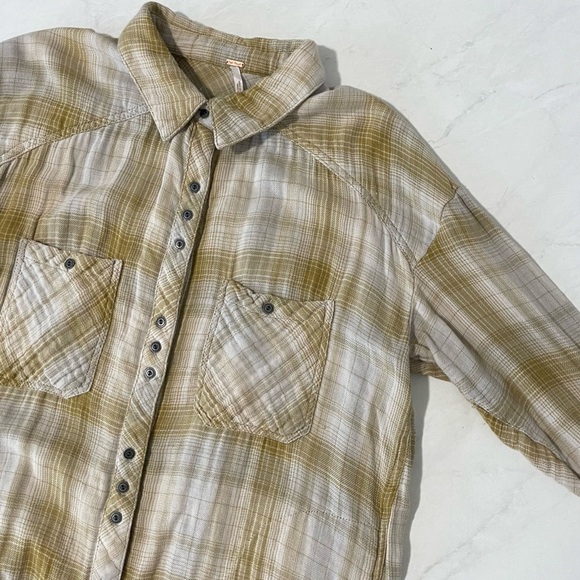 Free People Yellow White Double Dip Plaid High Low Tunic Flannel Size Small - Picture 4 of 7